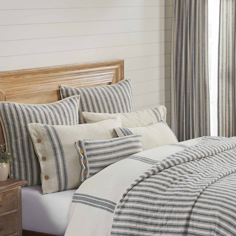 Piper Classics Market Place Gray Quilted King Pillow Sham, 21" L x 37" W, Cream w/Grain Sack Stripe & Button Details â€¦ - Image 5